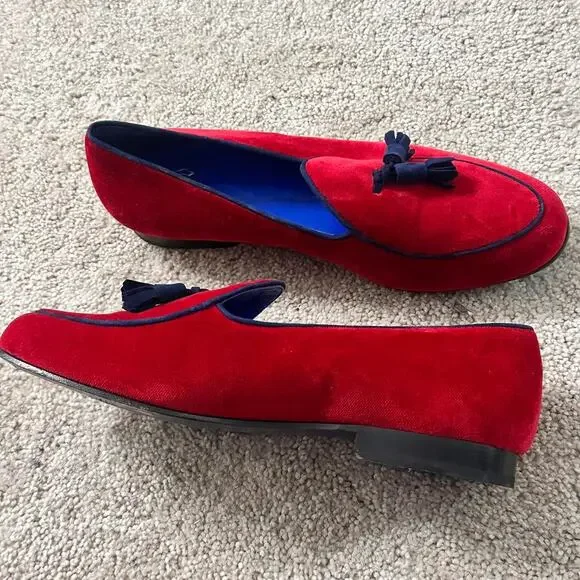Red velvet tassel loafers – Bombēros size 10 men / women unisex slip-on - Picture 2 of 5